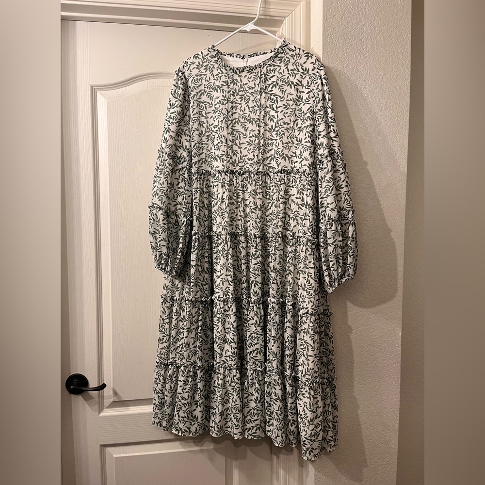 Dainty Jewells- Tiered Long Sleeve White Dress with Green Leaf Print